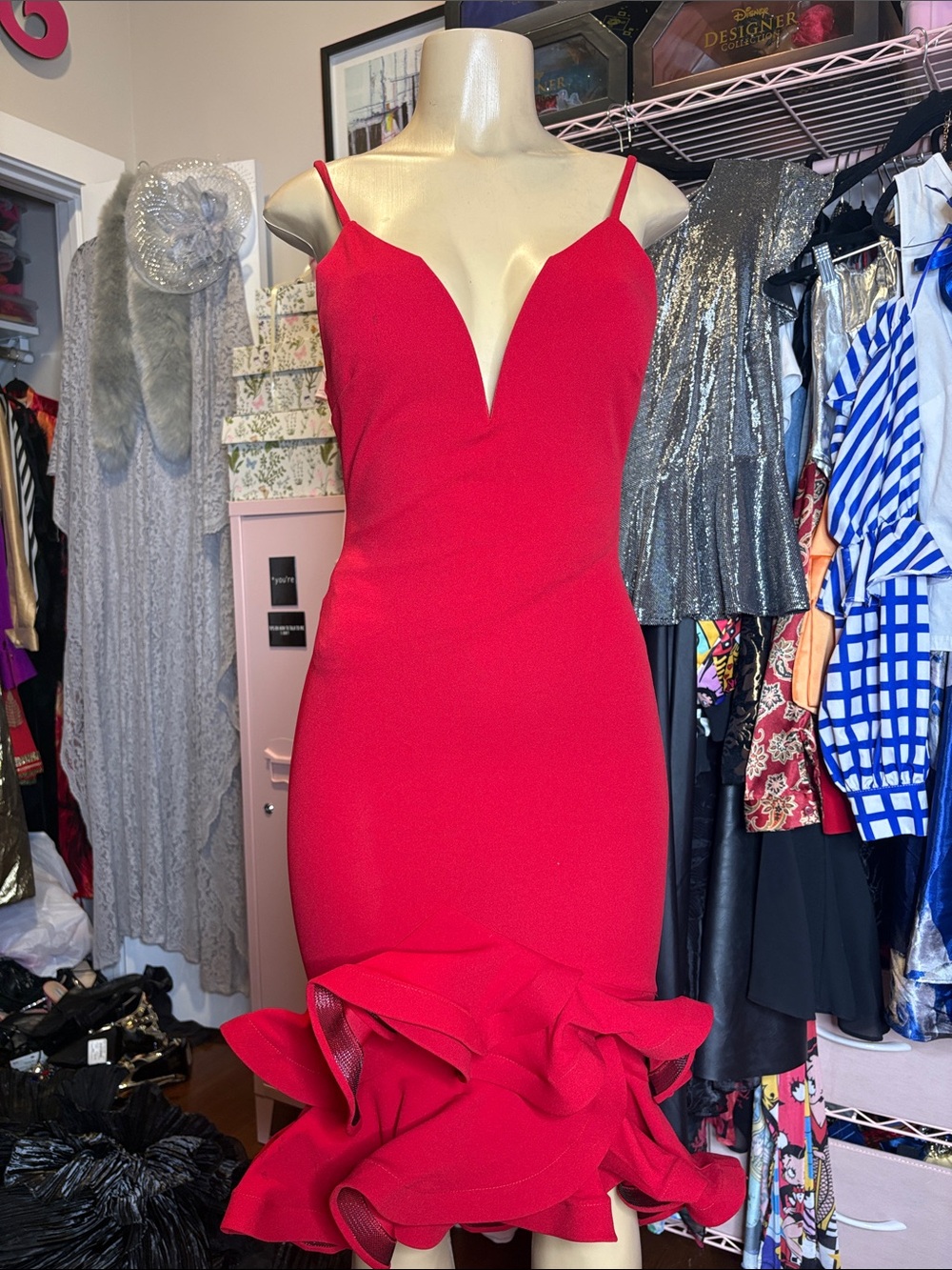 monaco Red Spaghetti-Strap Ruffle-Hem Evening Dress